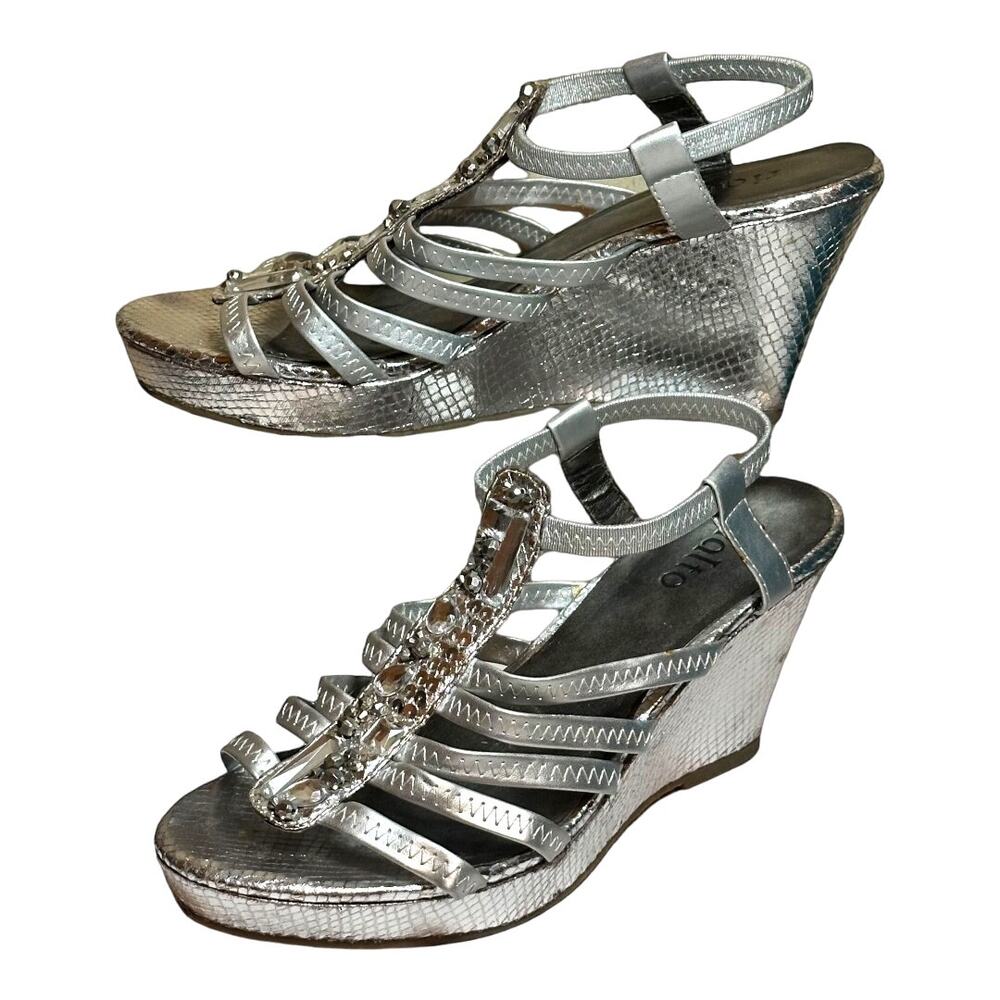 Rialto Strappy Silver Wedge Sandals w/ Rhinestones
